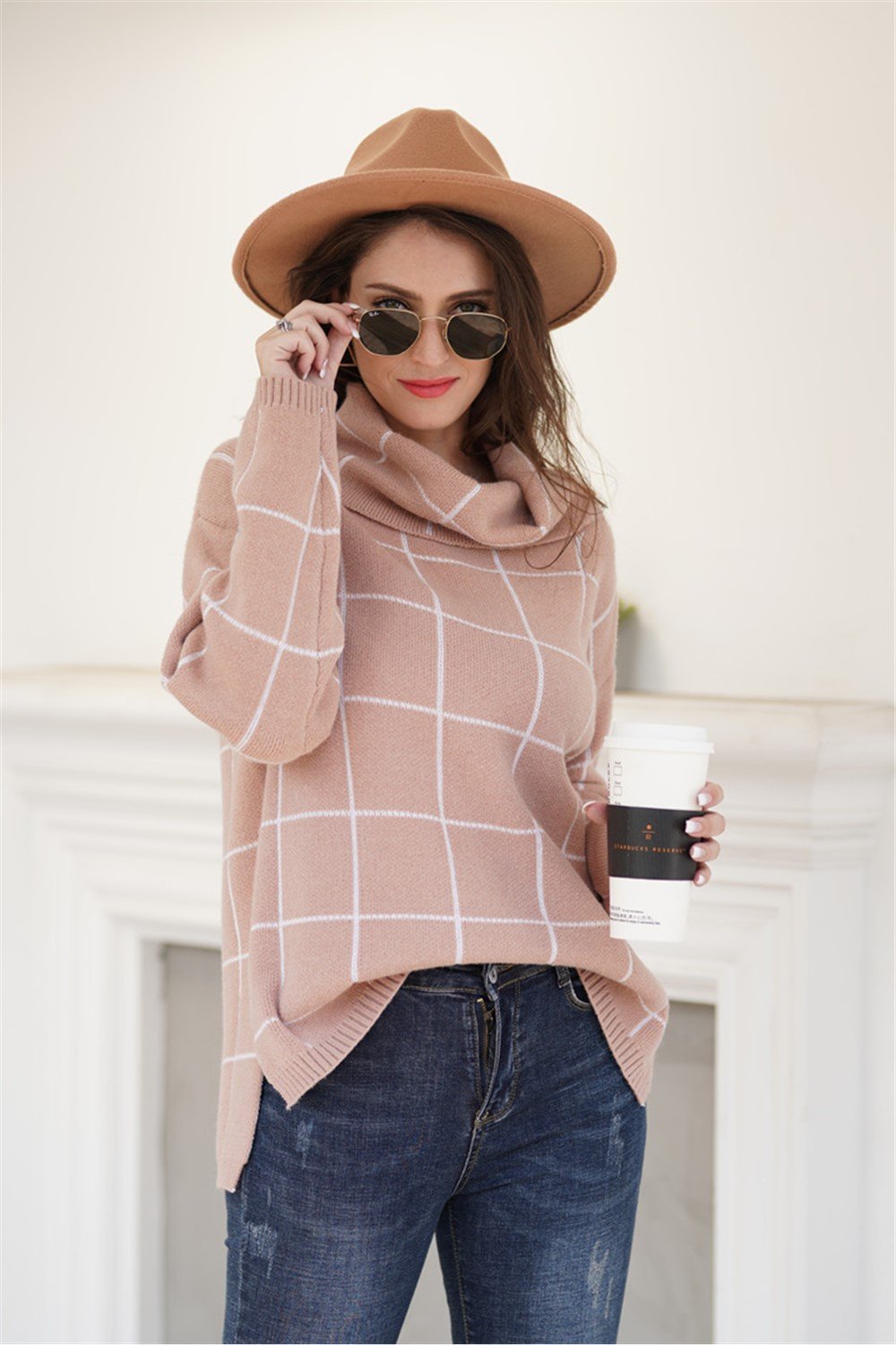 Stylish Oversized Plaid Turtleneck Sweater - Khaki