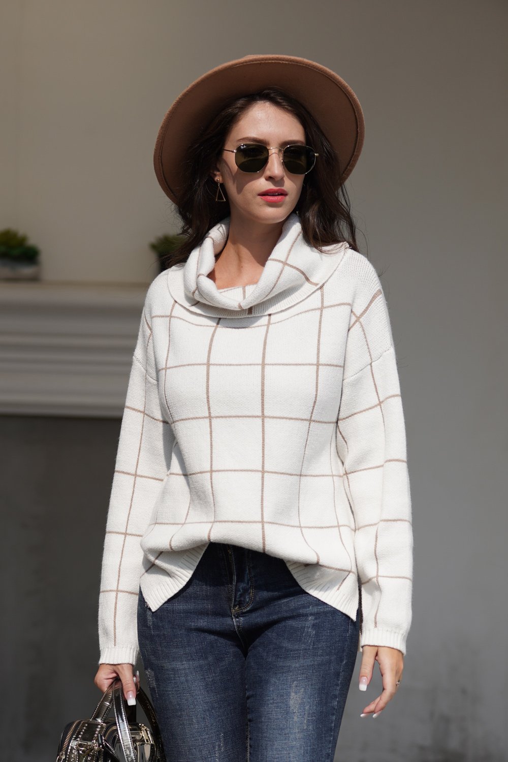 Stylish Oversized Plaid Turtleneck Sweater - Khaki