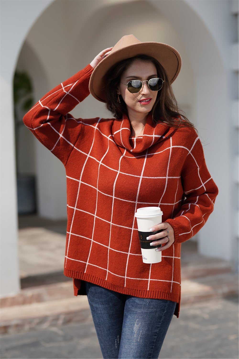 Stylish Oversized Plaid Turtleneck Sweater - Khaki