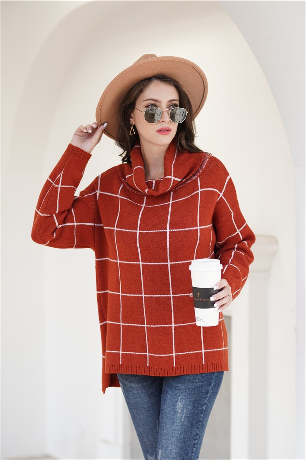 Stylish Oversized Plaid Turtleneck Sweater - Khaki