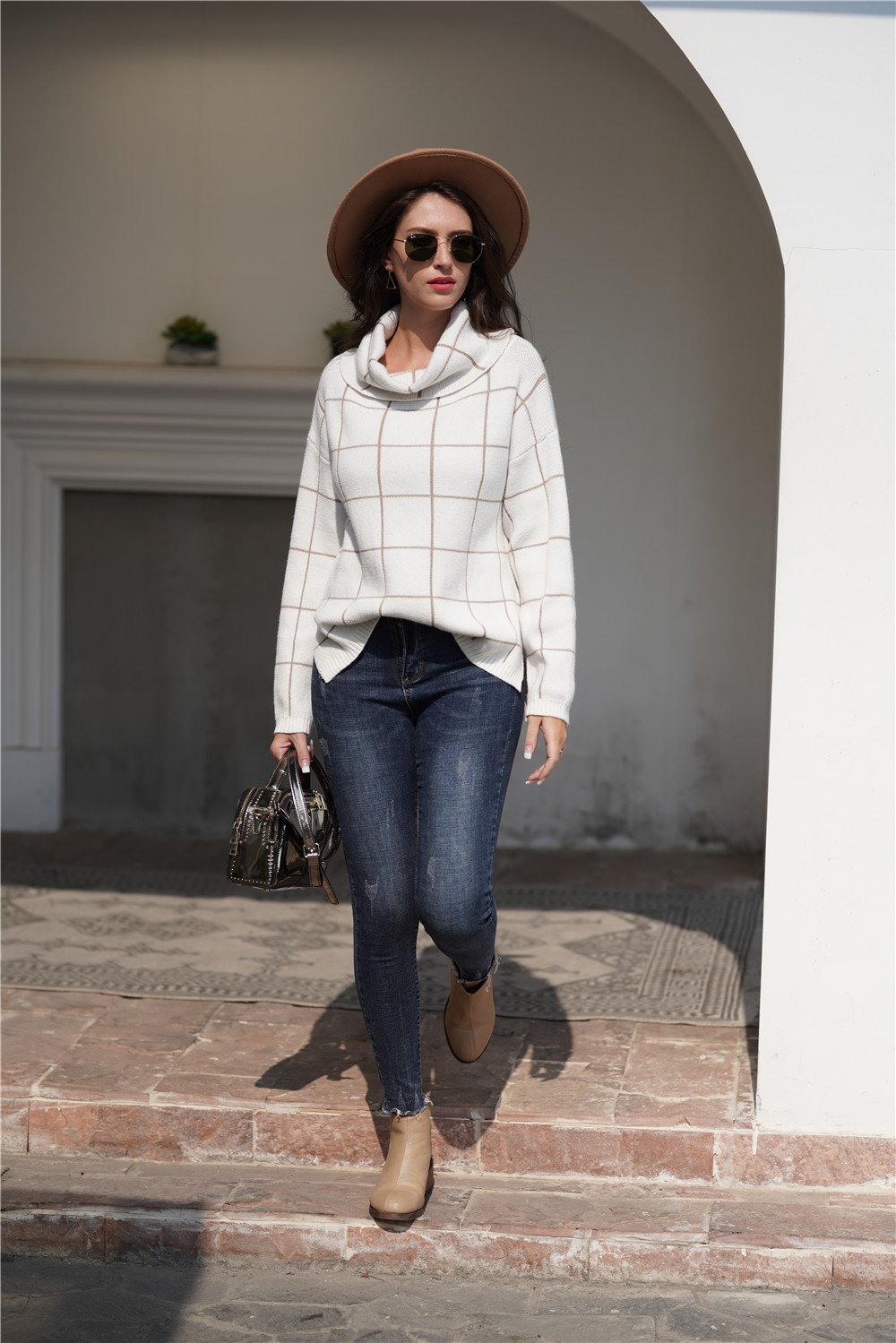 Stylish Oversized Plaid Turtleneck Sweater - Khaki