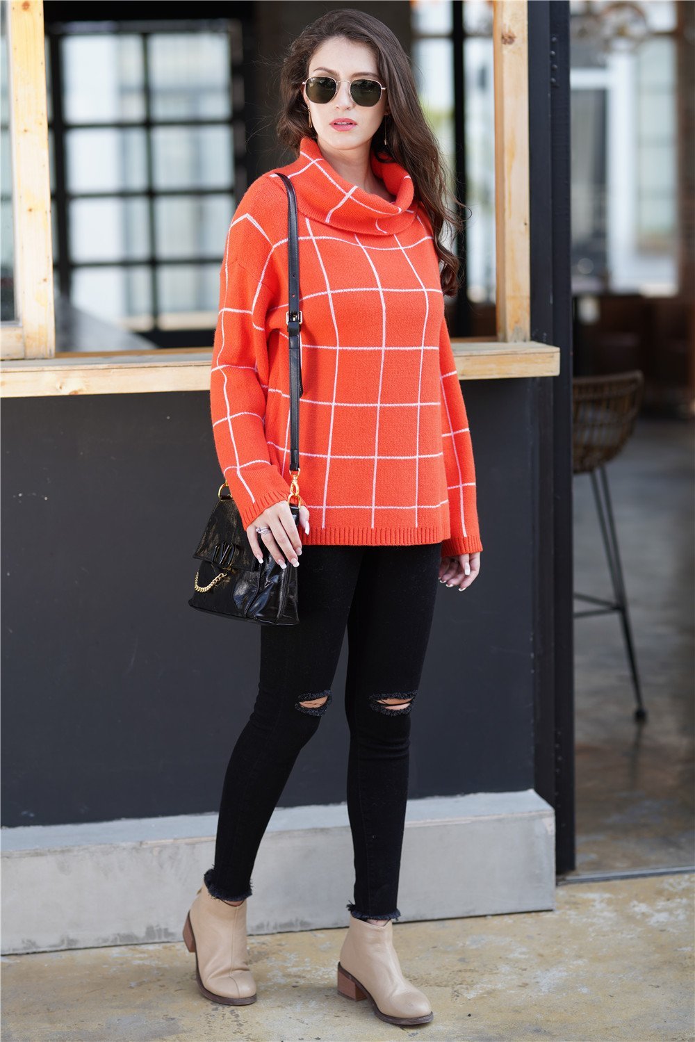 Stylish Oversized Plaid Turtleneck Sweater - Khaki