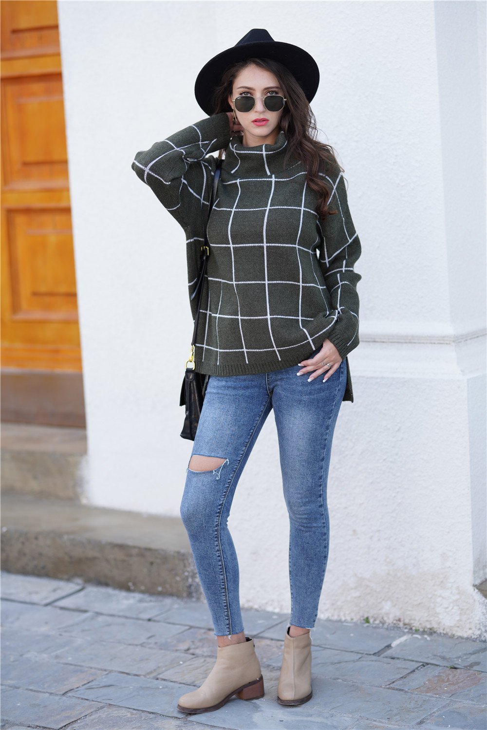 Stylish Oversized Plaid Turtleneck Sweater - Khaki