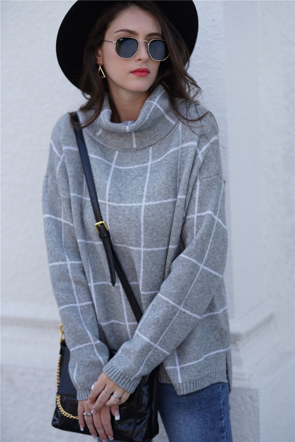 Stylish Oversized Plaid Turtleneck Sweater - Khaki