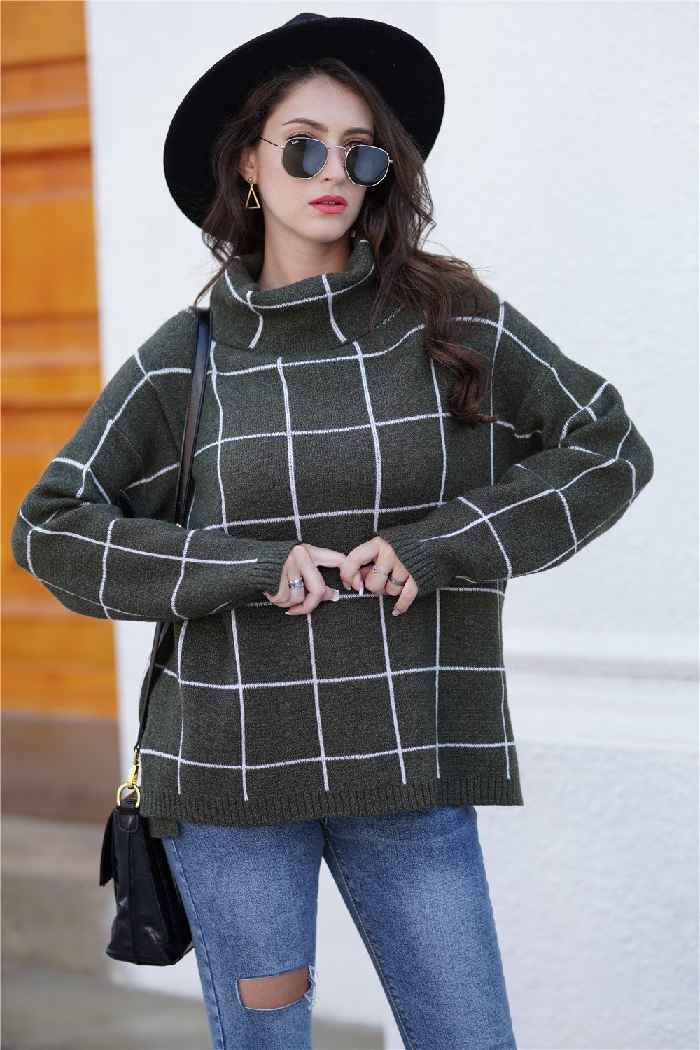 Stylish Oversized Plaid Turtleneck Sweater - Khaki