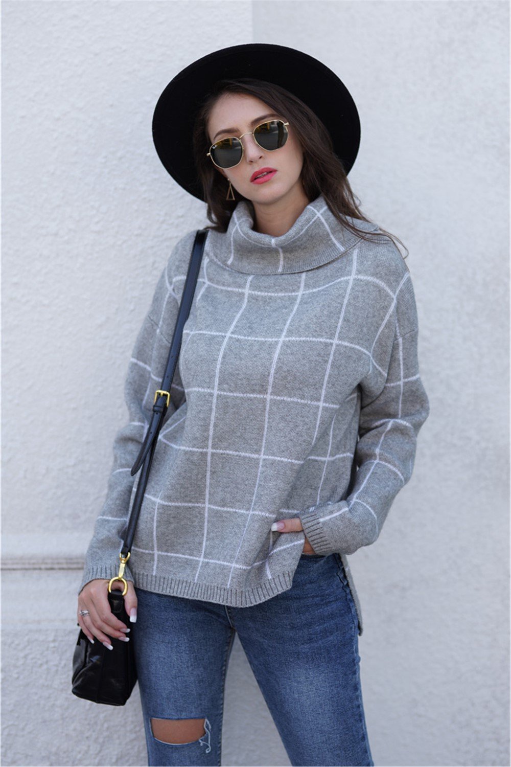 Stylish Oversized Plaid Turtleneck Sweater - Khaki