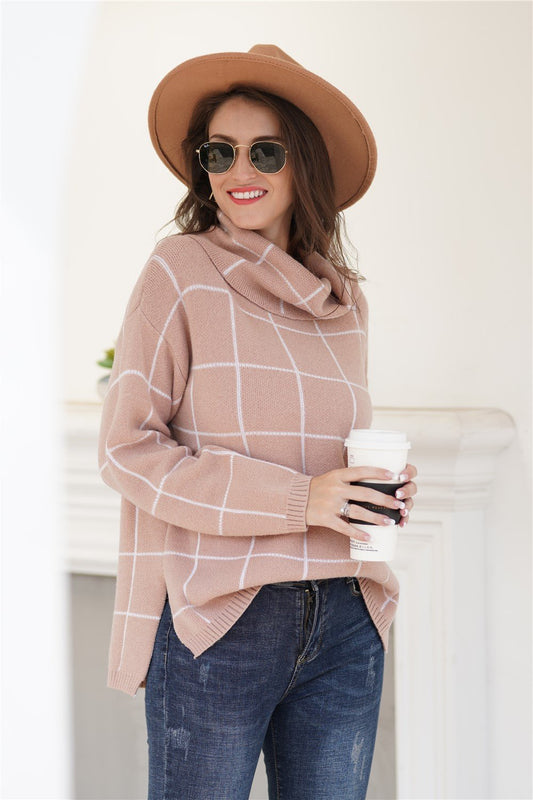 Stylish Oversized Plaid Turtleneck Sweater - Khaki