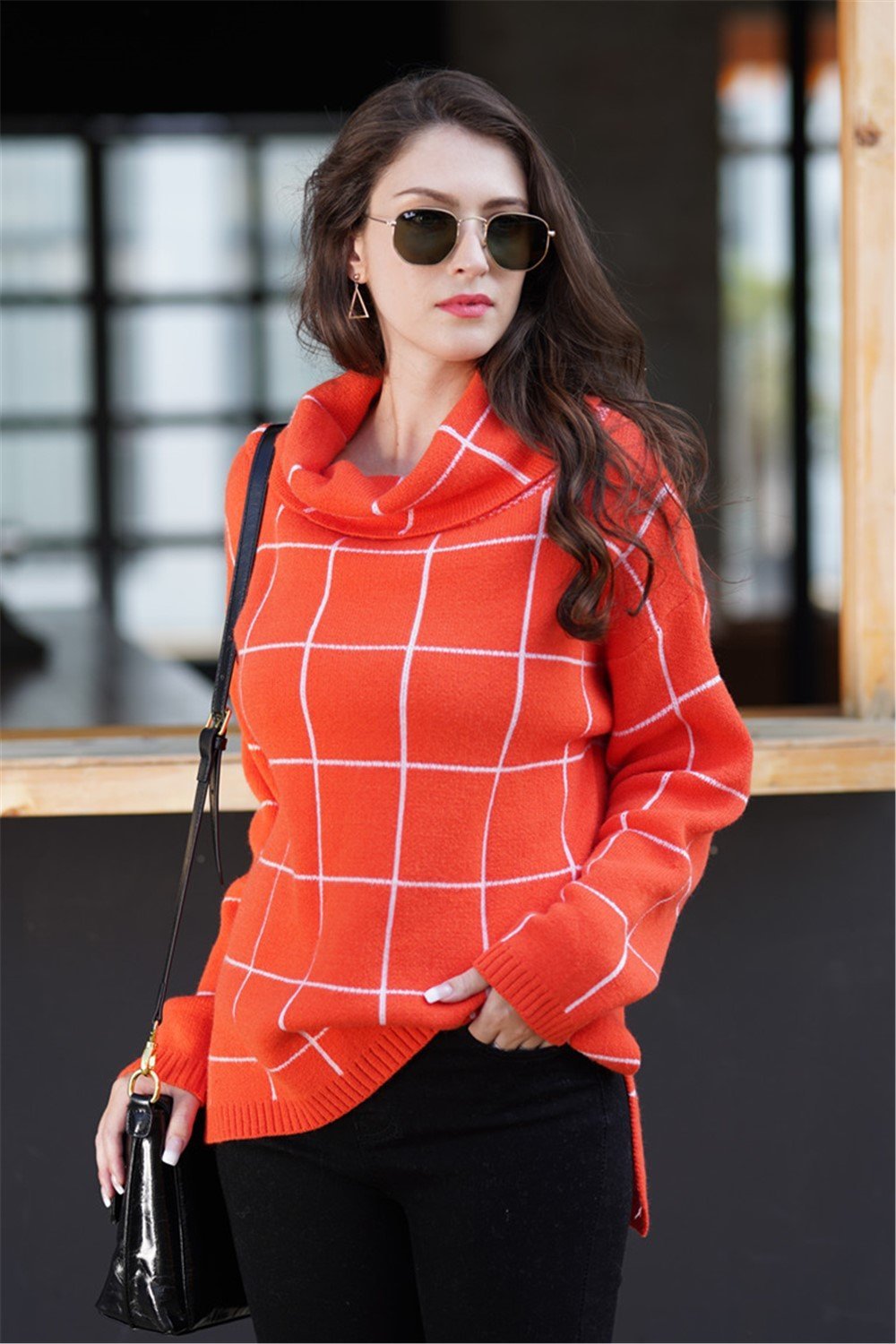 Stylish Oversized Plaid Turtleneck Sweater - Khaki