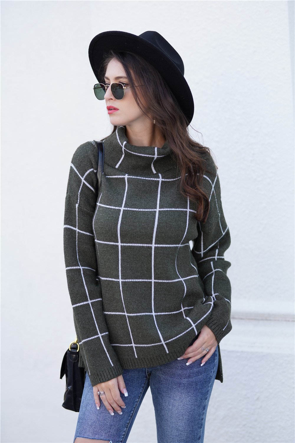 Stylish Oversized Plaid Turtleneck Sweater - Khaki