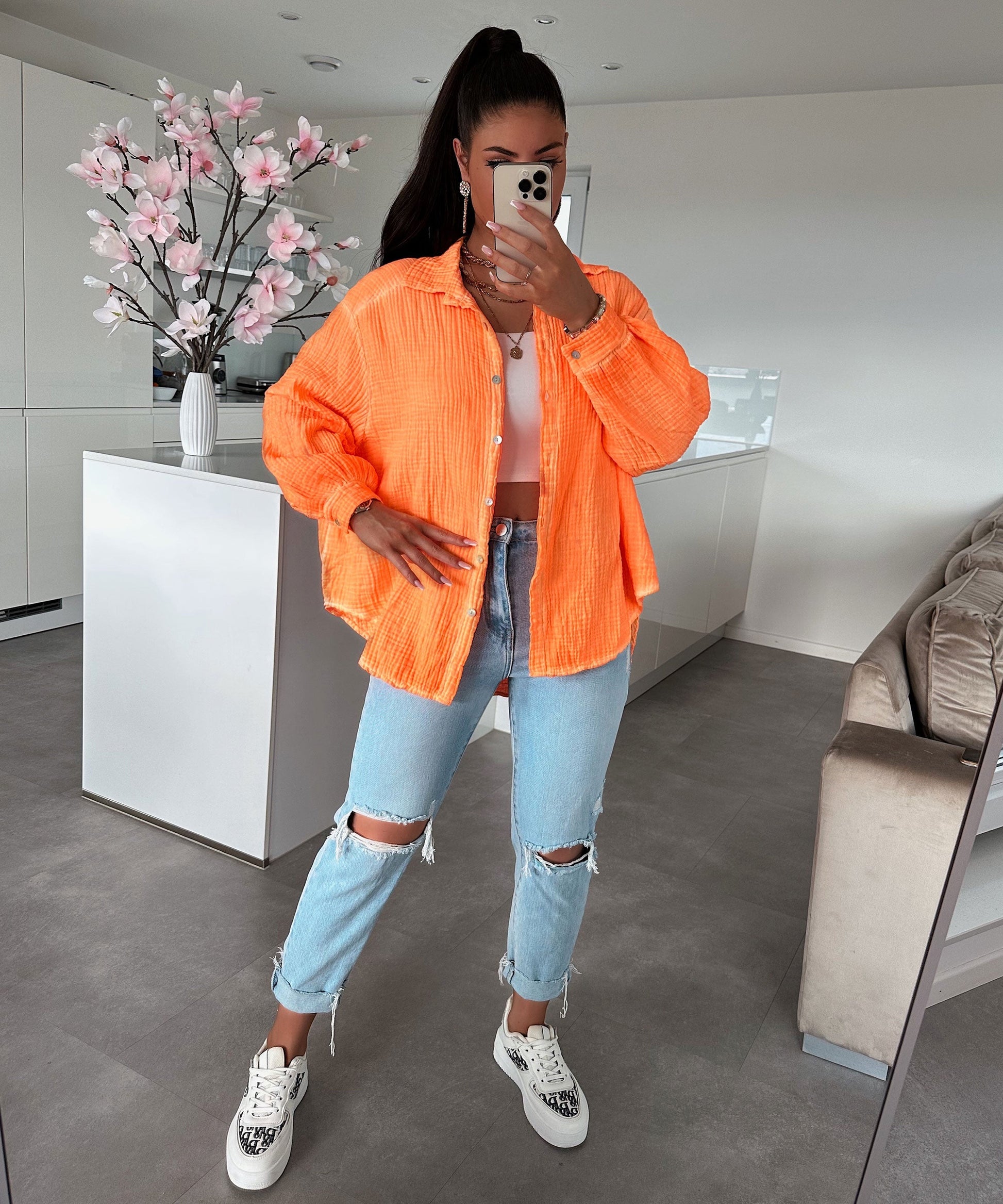 Kurze Freya Neonorange Musselinbluse