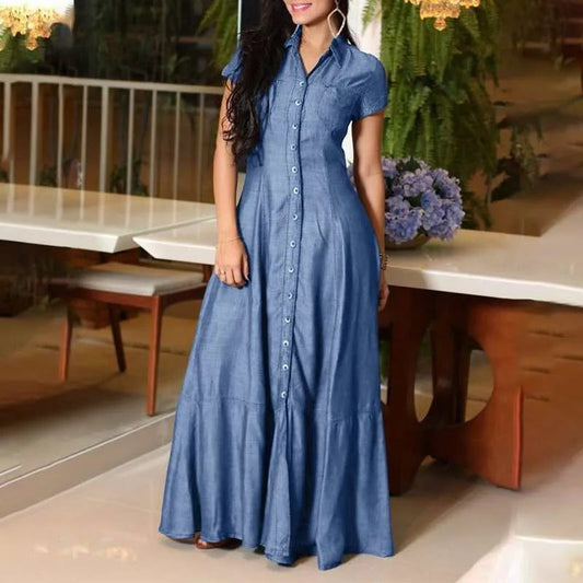 Elegantes Damen-Maxikleid im Jeans-Stil mit Knöpfen und umgeklapptem Kragen